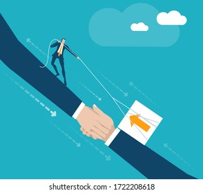  Geschäftsmann, der schwere Würfel hochzieht. Illustration symbolisiert harte Arbeit, Leistung und Lösung der Probleme.  Business Concept Illustration