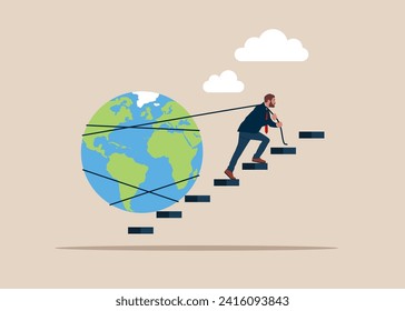 Businessman pulling heavy earth up stair case. Running on the growing world. Open the world of business. Modern vector illustration in flat style