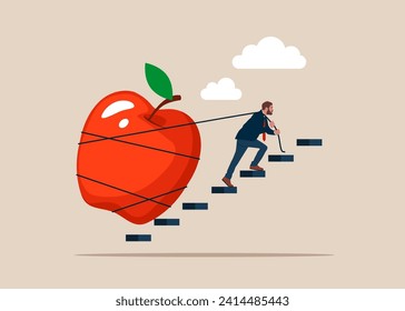 Businessman pulling heavy fruit apple up stair case. Idea, Financial and investment growth. Flat vector illustration.
