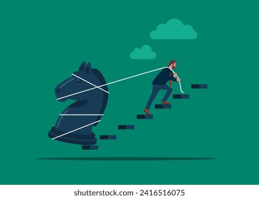 Empresario tirando pesados caballos de ajedrez por la escalera. Estrategia para ganar competencia empresarial, desafío comercial. Ilustración vectorial moderna en estilo plano