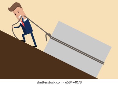 Businessman pulling a heavy load up. Business concept. Vector illustration