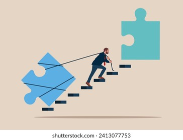 Businessman pulling heavy puzzle element up stair case. Symbol of working together, cooperation. Team metaphor and teamwork concept. Flat vector illustration. 