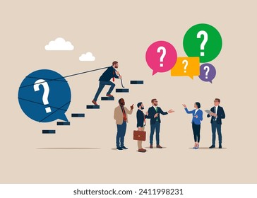 Businessman pulling heavy question mark sign in speech bubble up stair case. Employees do not understand orders and question. Flat vector illustration