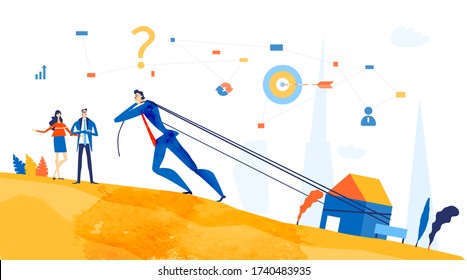 Businessman pulling up the hill the house. Mortgage, loan, money and salary concept. 