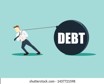 Businessman is pulling a huge weight with a debt, Business concept debtor in a flat style, Vector illustration