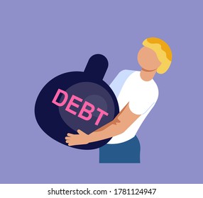 Businessman is pulling a huge weight with a debt. Bankruptcy and investment failure and budget collapse. Economic crisis caused by coronavirus outbreak. Flat Art Vector Illustration