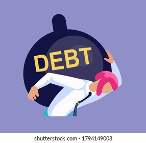 Businessman is pulling a huge weight with a debt. Bankruptcy and investment failure and budget collapse. Economic crisis caused by coronavirus outbreak. Flat Art Vector Illustration