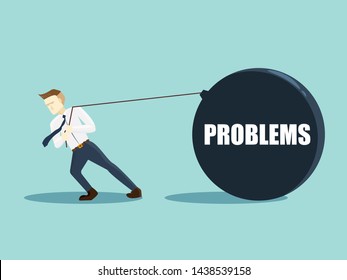 Businessman is pulling a huge weight with a problem, Business concept problem in a flat style, Vector illustration