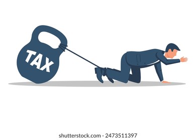 A businessman is pulling a large metal weight. Taxes interfere with the development of a young man. Tax as heavy weight. Vector illustration flat design. A successful businessman copes with debt.