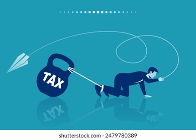 A businessman is pulling a large metal weight. Taxes interfere with the development of a young man. Tax as heavy weight. Vector illustration flat design. A successful businessman copes with debt.