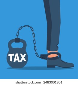 A businessman is pulling a large metal weight. Taxes interfere with the development of a young man. Tax as heavy weight. Vector illustration flat design. A successful businessman copes with debt.