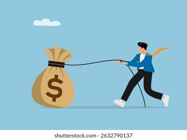 Businessman Pulling Large Money Bag with Rope Concept Illustration Representing Financial Success, Wealth Strategy, Hard Work, Business Motivation, and Economic Goal Achievement
