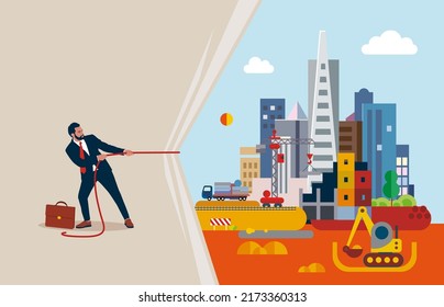 Businessman pulling light blank fabric. Place for text.