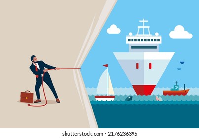 Businessman pulling light blank fabric. Place for text.