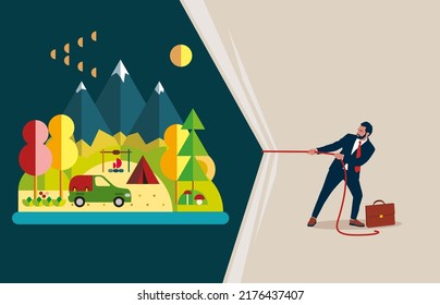 Businessman pulling light blank fabric. Place for text.