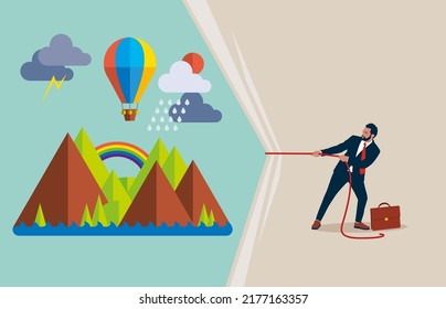 Businessman pulling light blank fabric. Place for text.