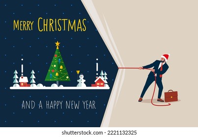 Businessman pulling light blank fabric. Christmas tree and decoration. Flat style vector illustration.