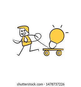 businessman pulling light bulb on trolley yellow stick figure