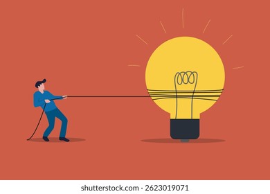 Businessman pulling a lightbulb. concept of business idea, putting thoughts, and innovation
