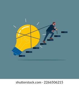 Businessman pulling lightbulb up stair case. Modern vector illustration in flat style