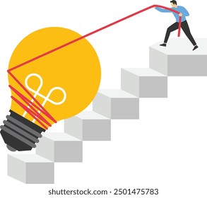 Businessman pulling lightbulb up stair case. Modern vector illustration in flat style

