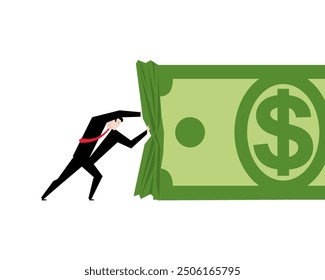 Hombre de negocios sacando dinero. El hombre tira del dólar. Concepto de obtención de beneficios. Ilustraciones de negocios para una revista.