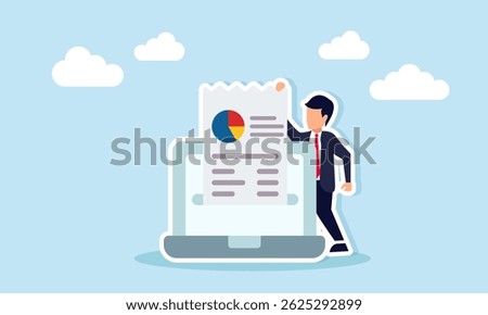 Businessman pulling paper with data and pie chart from laptop screen illustration depicting digital record-keeping system