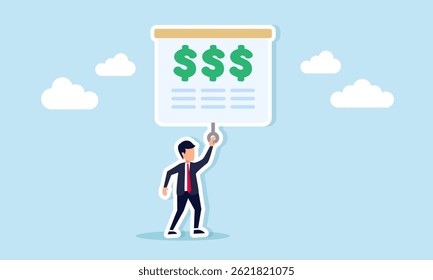 Empresário puxando uma tela de projetor exibindo um sinal de dólar, ilustração de educação, socialização e promoção relacionadas ao gerenciamento financeiro adequado da empresa