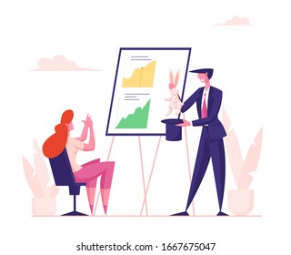 Businessman Pulling Rabbit Out of Topper Hat Showing Trick to Business Woman Sitting front of Clip Board with Data Charts. Marketing Trick, Management Skill Concept. Cartoon Flat Vector Illustration