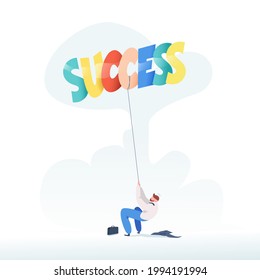 Businessman pulling a rope balloons success. Business concept of success. Trendy flat design. Vector illustration