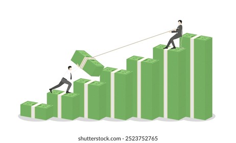 Businessman pulling a rope for banknote on money stack up bar chart with teamwork help, financial success, and investment strategy. Leadership and progress in the compete economy and financial market.