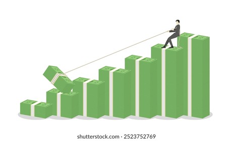 Hombre de negocios tirando de una cuerda para el billete en el dinero apilar la tabla de barras de crecimiento empresarial, éxito financiero y estrategia de inversión. Liderazgo y progreso en la economía completa y el mercado financiero.