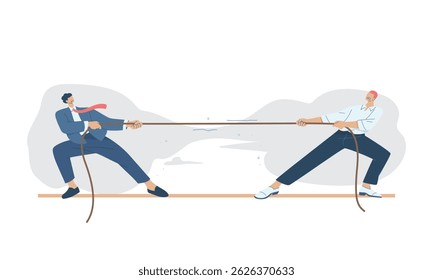 Businessman pulling rope with business competitor, Pulling rope, Business competition, Office conflict, Symbol of the competition, flat vector design illustration.
