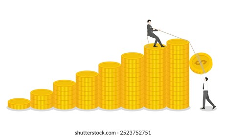 Businessman pulling a rope for a coin on money stack up bar chart with teamwork help, financial success, and investment strategy. Leadership and progress in the compete economy and financial market.