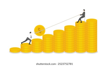 Businessman pulling a rope for a coin on money stack up bar chart with teamwork help, financial success, and investment strategy. Leadership and progress in the compete economy and financial market.