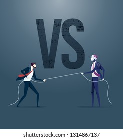 Businessman pulling rope with robot - Tug of war. Competition Concept