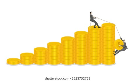 Empresário puxando uma corda para o trabalho em equipe segurando uma moeda, na pilha de dinheiro gráfico de barras, sucesso financeiro, e estratégia de investimento. Liderança e progresso na economia competitiva e no mercado financeiro.