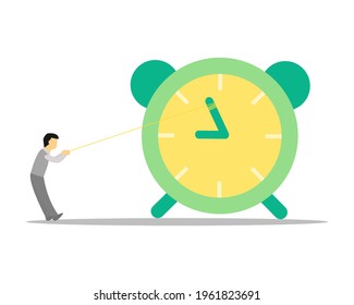 Businessman pulling rope that tied with minute hand of alarm clock wanting time walking slow. time returning to the past or stop time walking concept