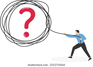 Businessman pulling the rope trying to untie the tangled ropes tied with question marks. Solving problem. flat vector illustration.

