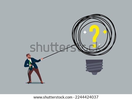 Businessman pulling the rope trying to untie the tangled ropes tied with question marks. Solving problem.  flat vector illustration. 商業照片 © 