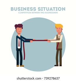 Businessman pulling rope, tug of war, in business competitive concept. Vector, Illustration, Flat.