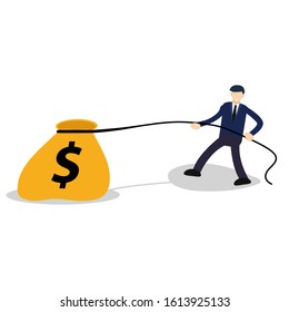 businessman pulling a rope for winning money bag