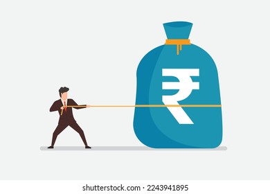 Businessman pulling rupee bag through rope.