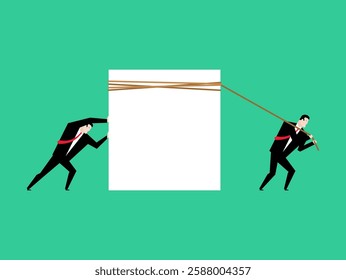 Businessman pulling space for text. Man pulls white sheet.
