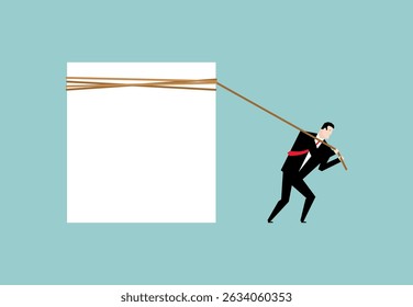 Businessman pulling space for text. Man pulls white sheet.