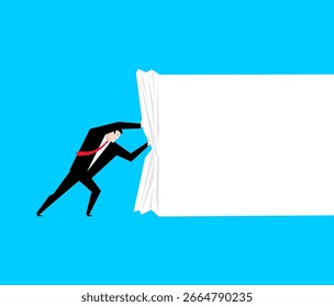 Hombre de negocios tirando del espacio para el texto. El hombre saca la sábana blanca.
