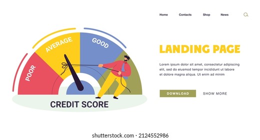 Businessman pulling speedometer from poor to good performance. Person changing credit report for better flat vector illustration. Credit score, customer satisfaction, loan, debt concept for banner