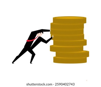 Businessman pulling Stack of coins. Man pulls money. Profit making concept. Business illustrations for a magazine.