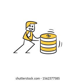 businessman pulling stack of dollar coins yellow stick figure