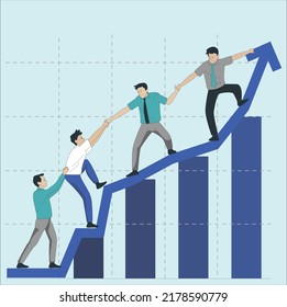 Businessman pulling up the stairs female partner helping to overcome a difficulty. Team climbs to top, path to goal. Success metaphor, company growth, teamwork. Women on way to their dreams, employees